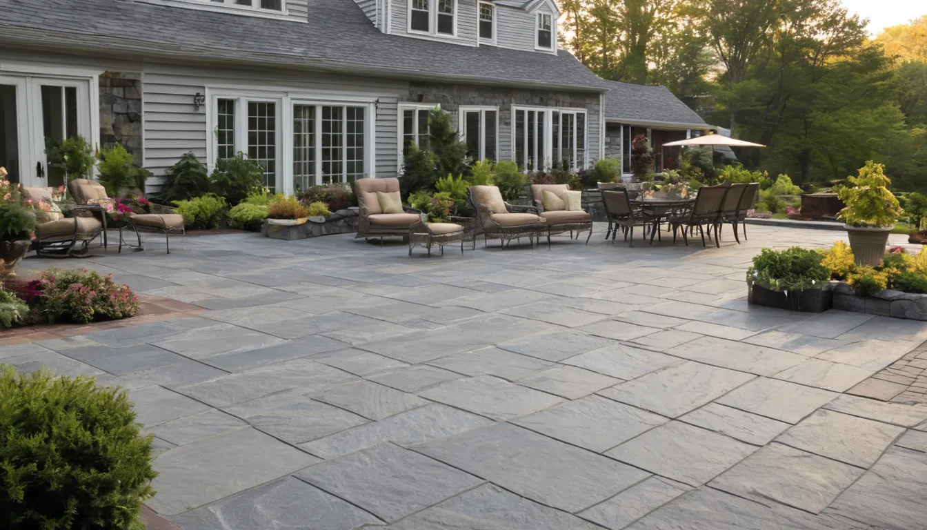 Stamped concrete patio with a slate pattern beside an older home in West Leechburg